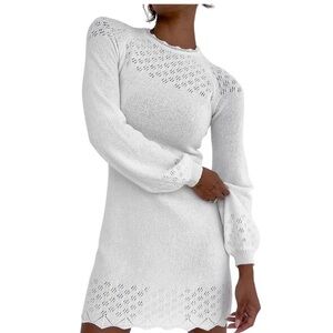 Rumored Vermont Mini Dress White Knit Long Balloon Sleeve High Neck Medium